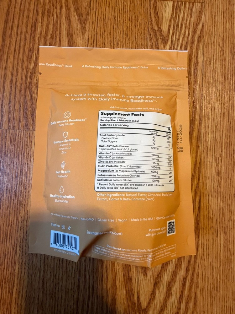 Immune Ready Peach Mango Drink Mix 15 Packets Vegan Immune Support