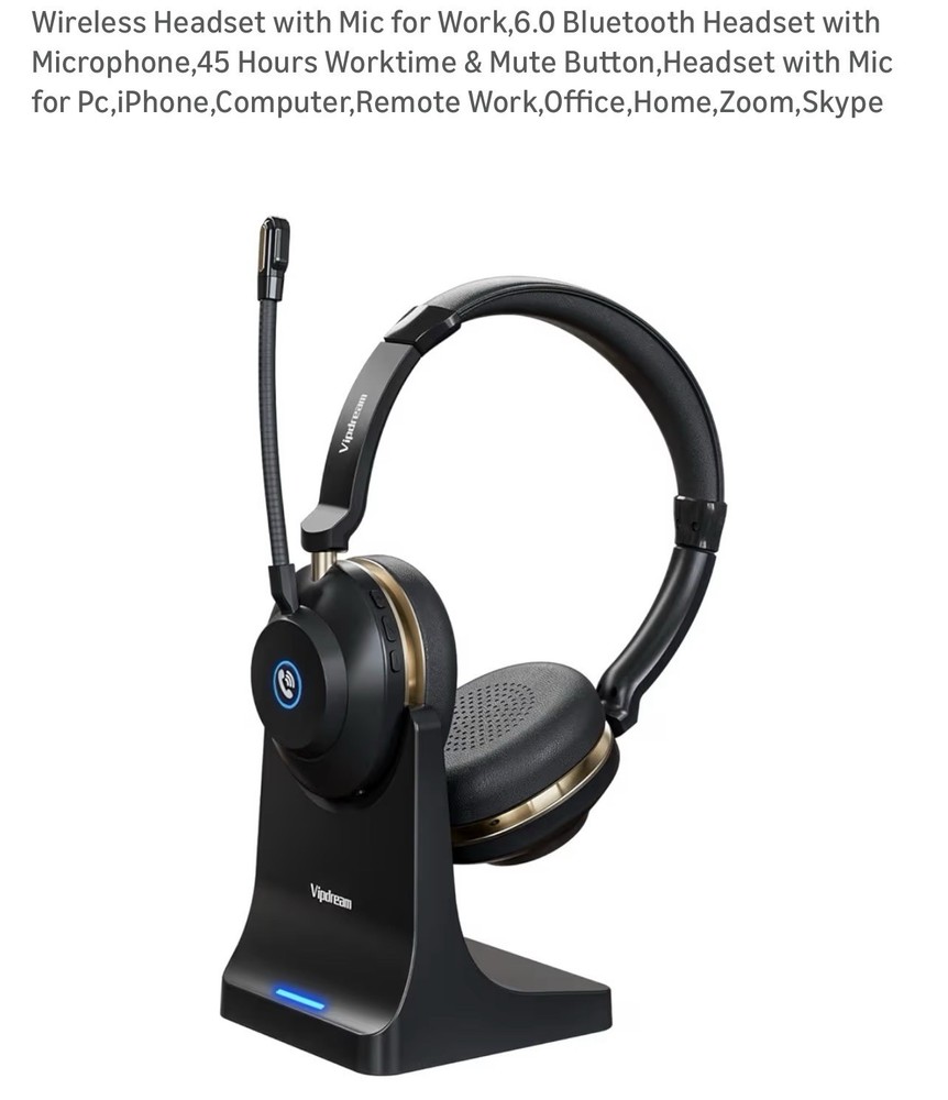 Wireless Headset with Mic for Work,6.0 Bluetooth Headset with Microphone,45 H...