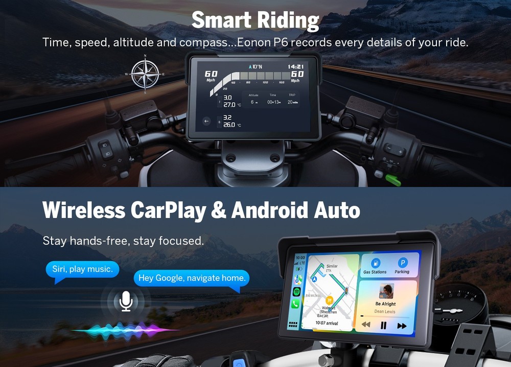 For Motorcycle CarPlay Android Auto Dual Bluetooth 7" Waterproof GPS Navigation