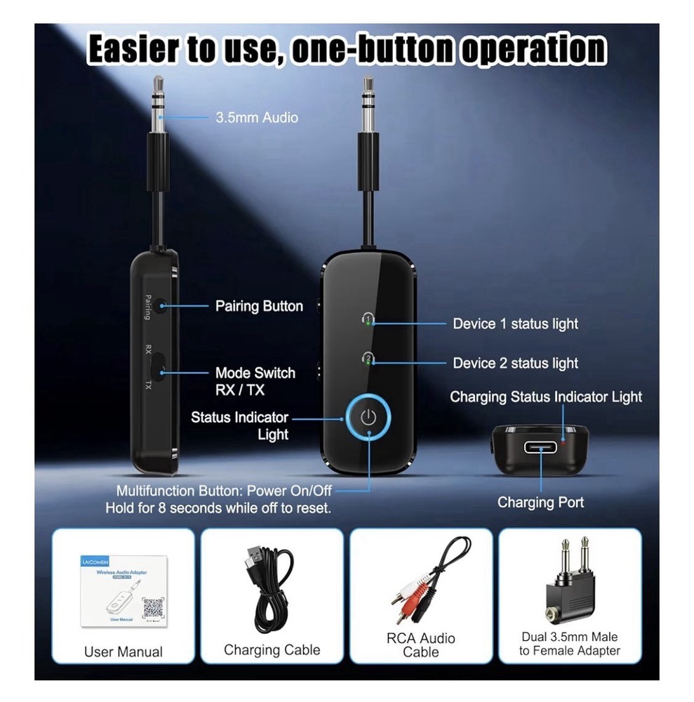 Bluetooth 5.4 Dual Pairing Transmitter Receiver 3.5mm Audio Adapter Black
