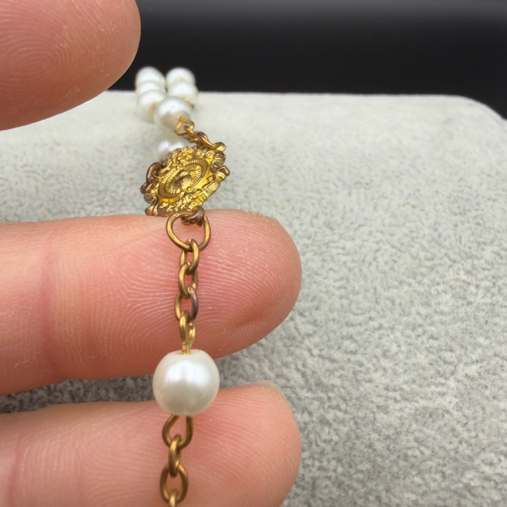 Vintage Catholic Rosary With Gold-Tone Cross & White Beads READ