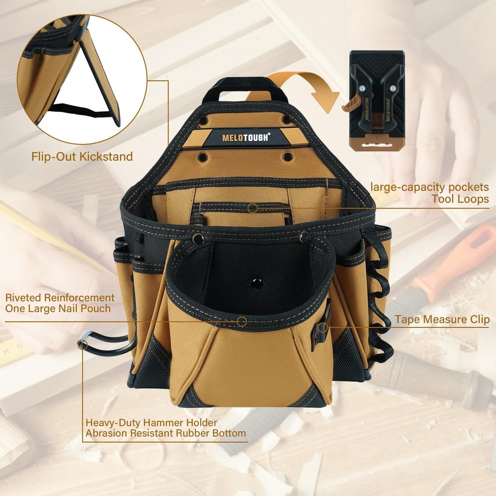 Electrician Tool Pouch with Kickstand, Hammer Loop - Contractor Grade