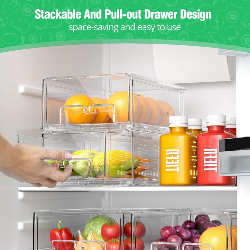 2 Pack Refrigerator Drawers - Fridge Organizer Bins Stackable Storage Drawers...