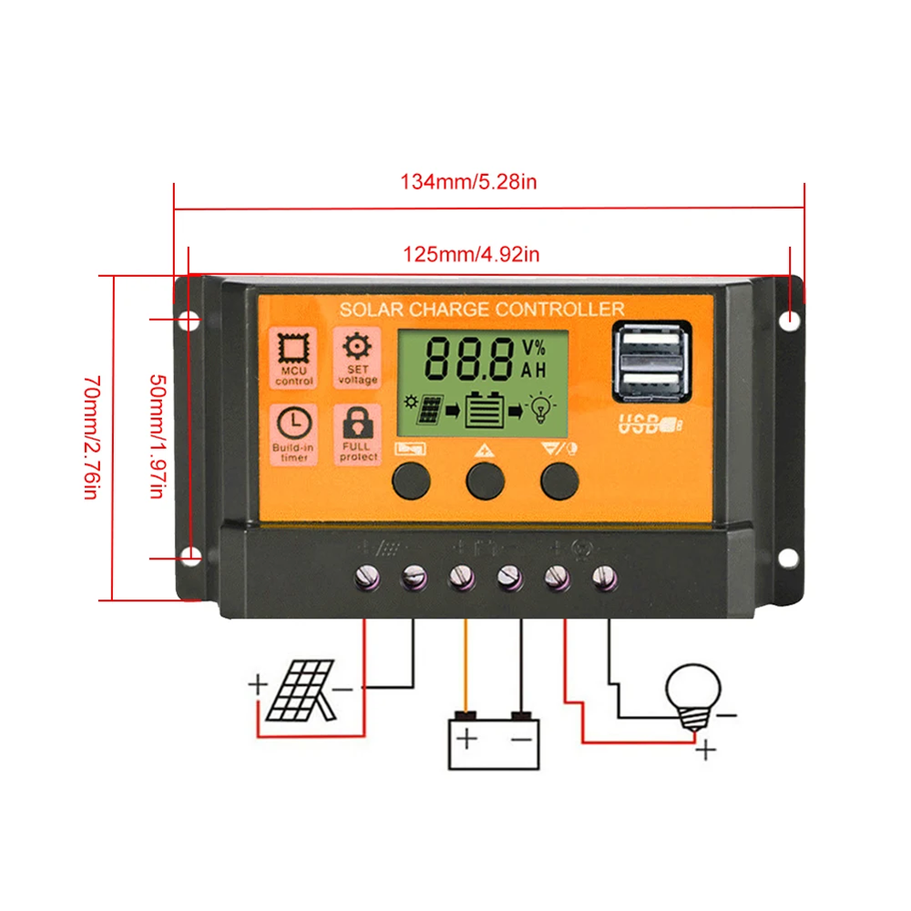 100A Solar Panel Battery Charge Controller 12V/24V LCD Regulator Auto Dual USB