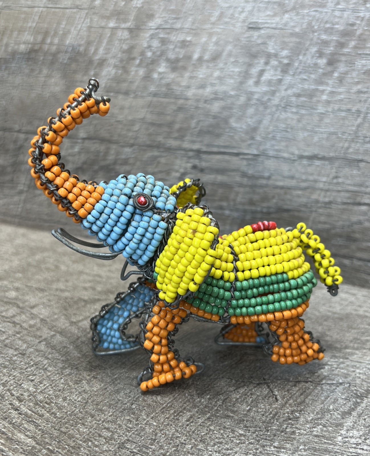 Handcrafted Elephant Beaded Wire Sculpture with Trunk Up for Good Luck Sculpture