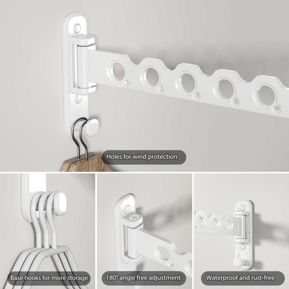 Wall Mounted Clothes Hanger Rack Foldable Drying Rack Hook Folding Indoor for...