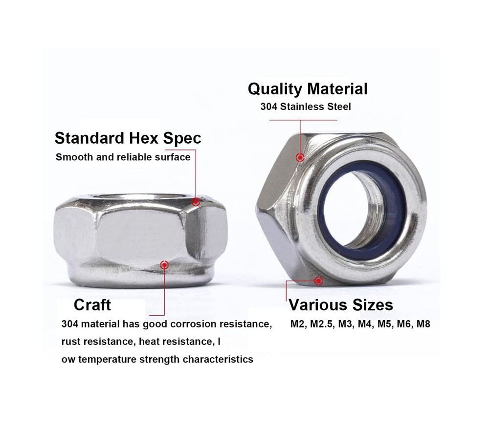 210pcs Nylock Hex Self Locking Nuts Assortment Kit Nylon Inserted Nuts 304 St