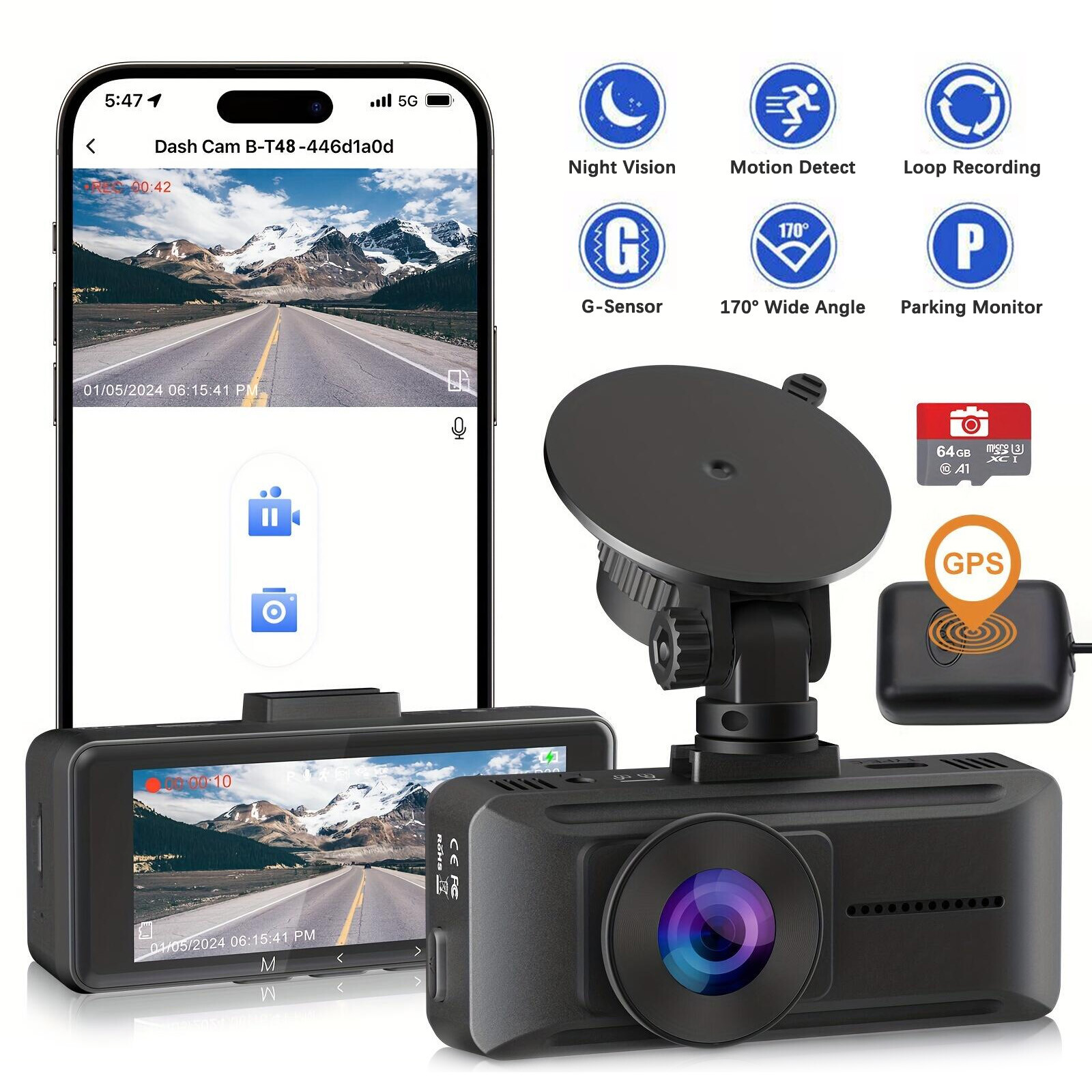 4K Dash Cam Front Dash Camera Super NIght Vision WIFI&GPS With 64GB SD Card