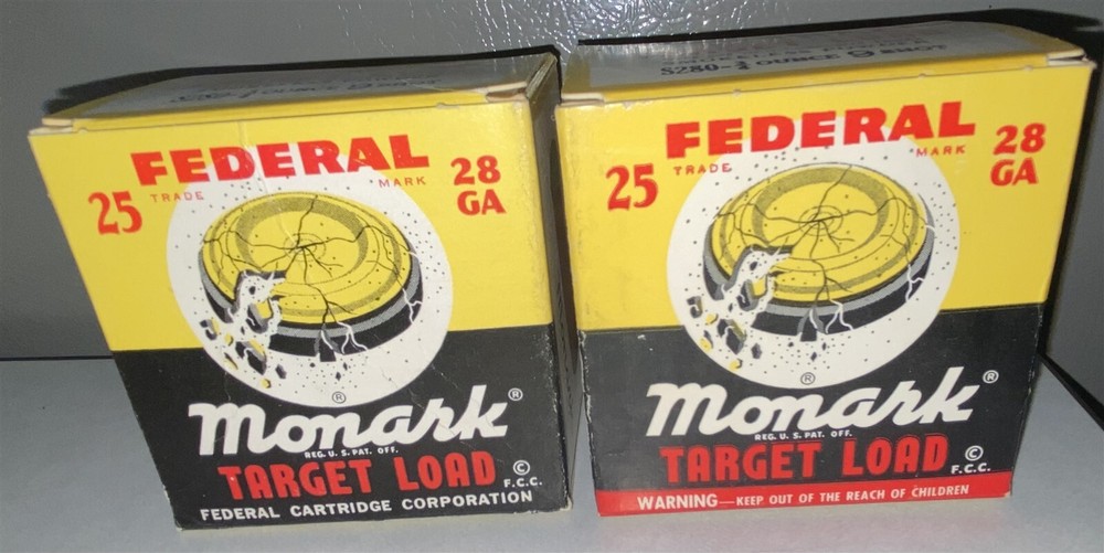 2 Variations Federal 28 Gauge Monark Target Load shotgun shell boxes EMPTY