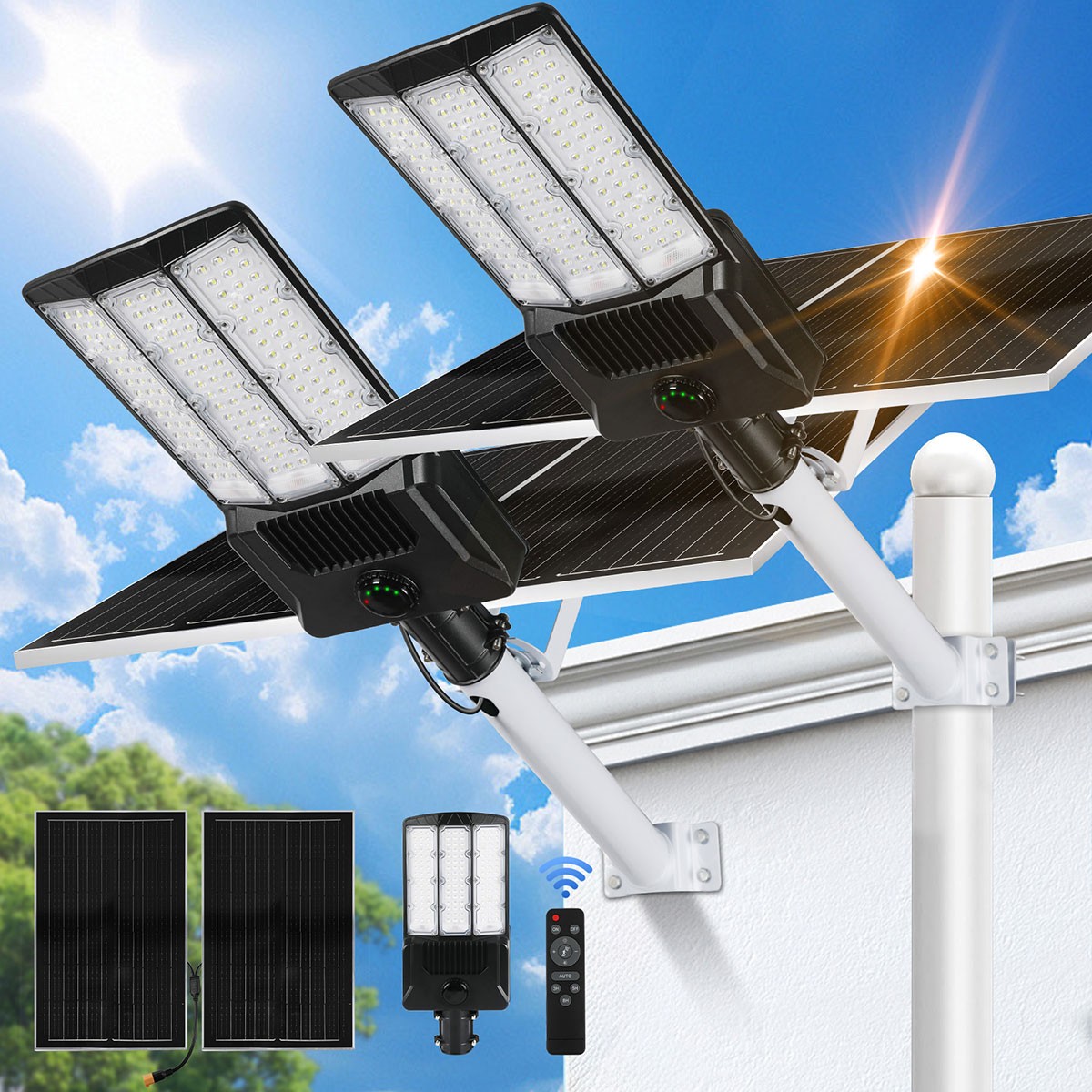 16000W Commercial Solar Street Light Dusk to Dawn Lamp Parking Lot Outdoor+Pole