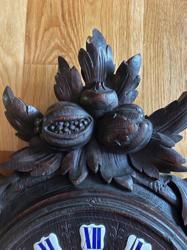 LARGE BLACK FOREST wood carving wall clock nuts/berrys theme, MISSING Pendulum