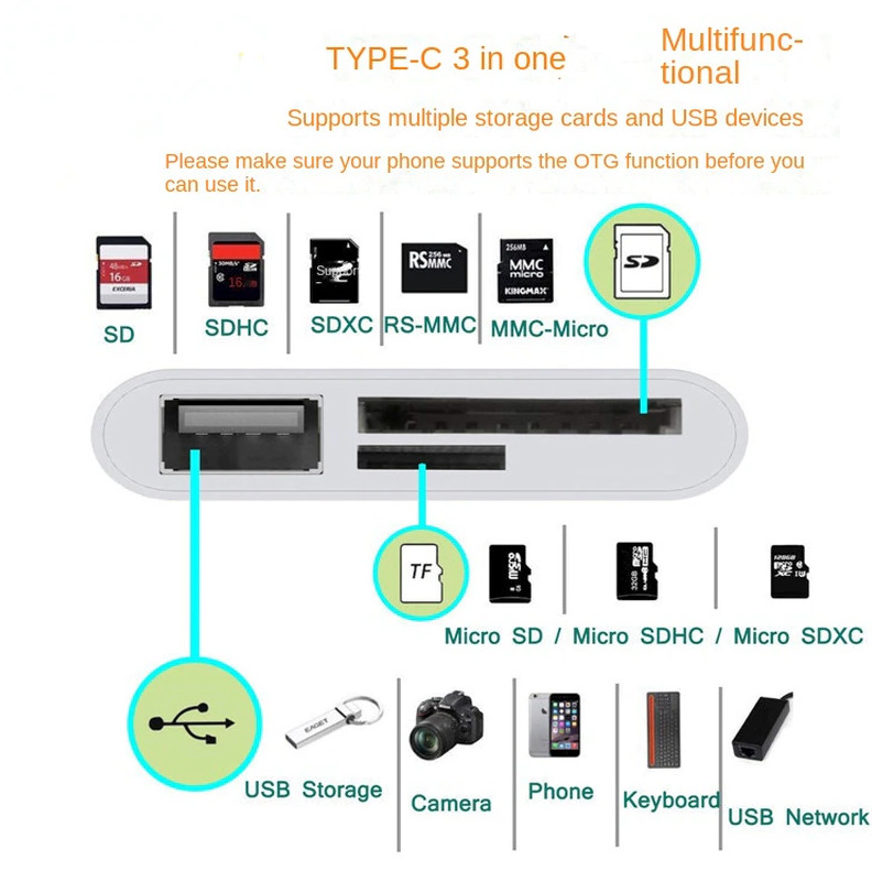 Type C Hub 3 in 1 USB C Adapter SD Card Reader For MacBook Pro Laptop