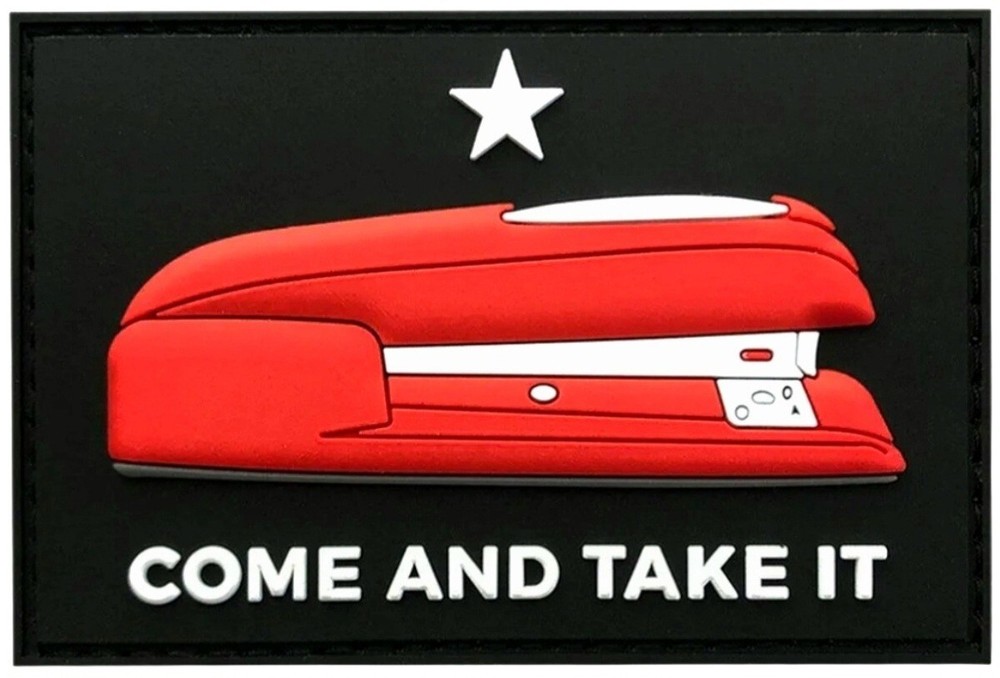 Red Stapler Come and Take It PVC Ruber Patch - 2PC 3" x 2" HOOK BACKING