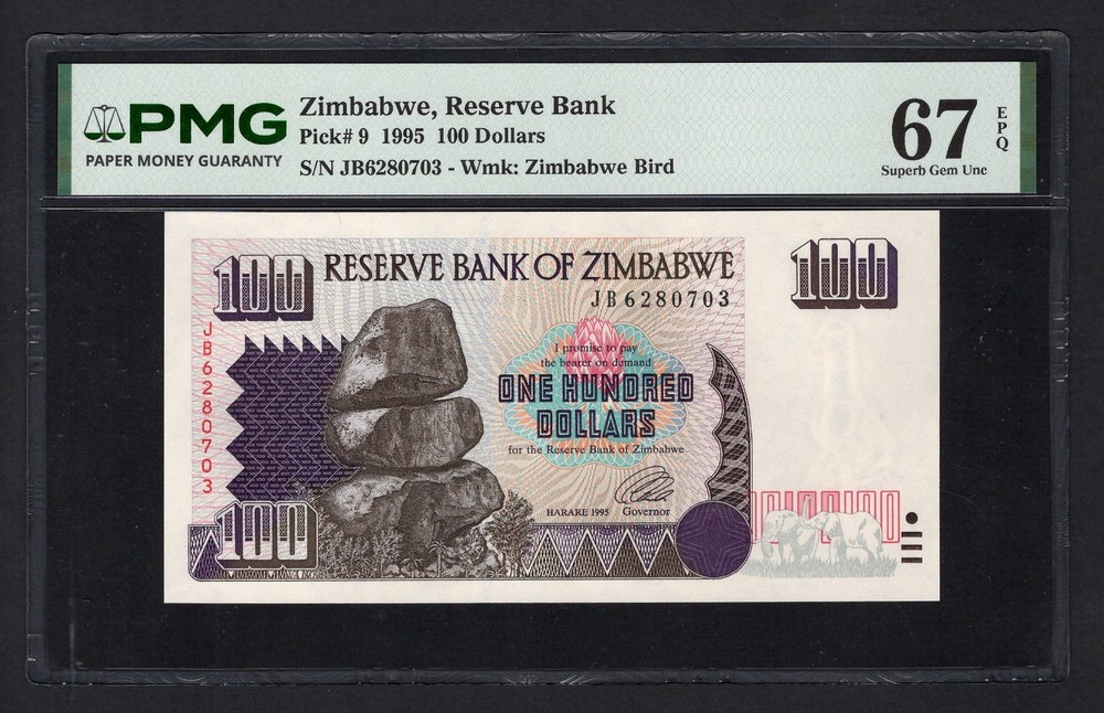 Zimbabwe 100 Dollars 1995 P9 Uncirculated Grade 67