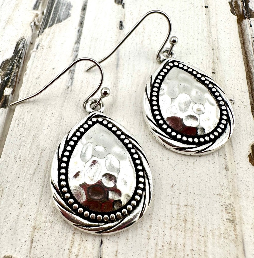 Hammered Silver Tone Teardrop Earrings with a Braided Frame