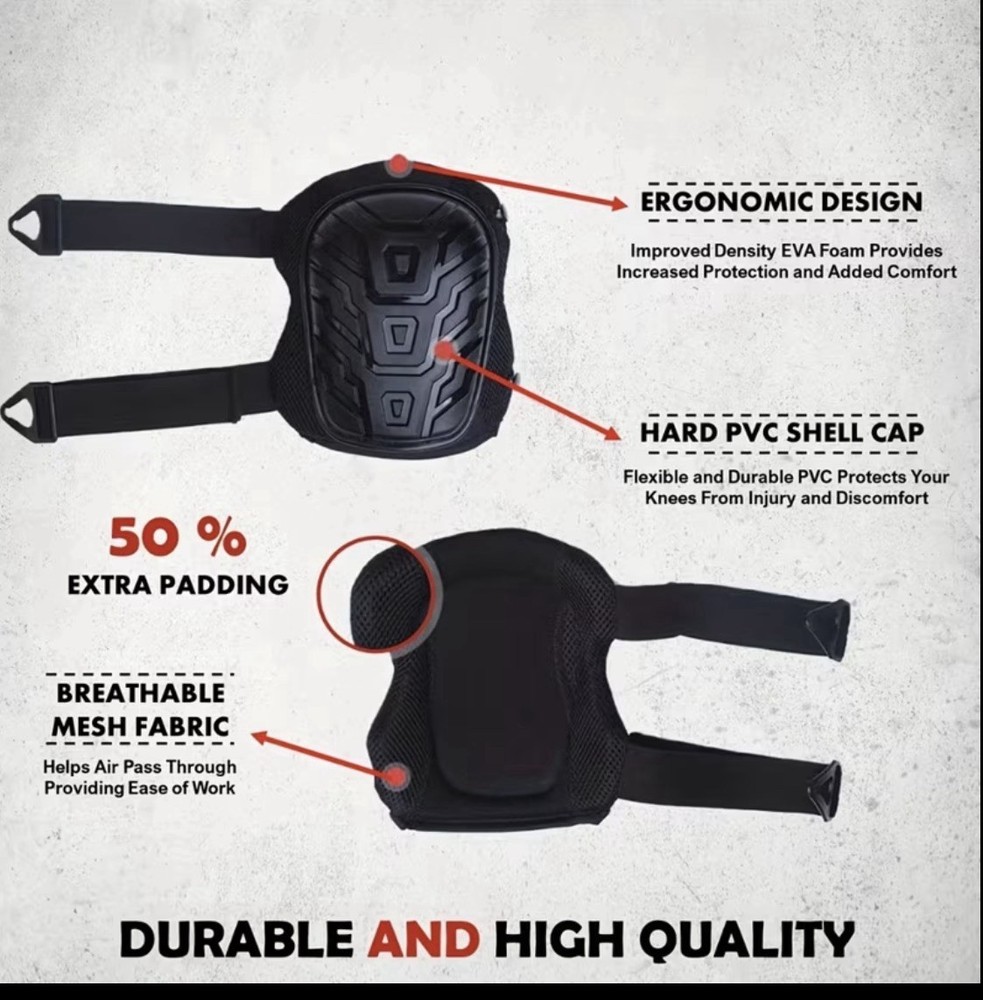 Hard Shell Knee Pads for Adults, Ergonomic, Adjustable Fit, Black