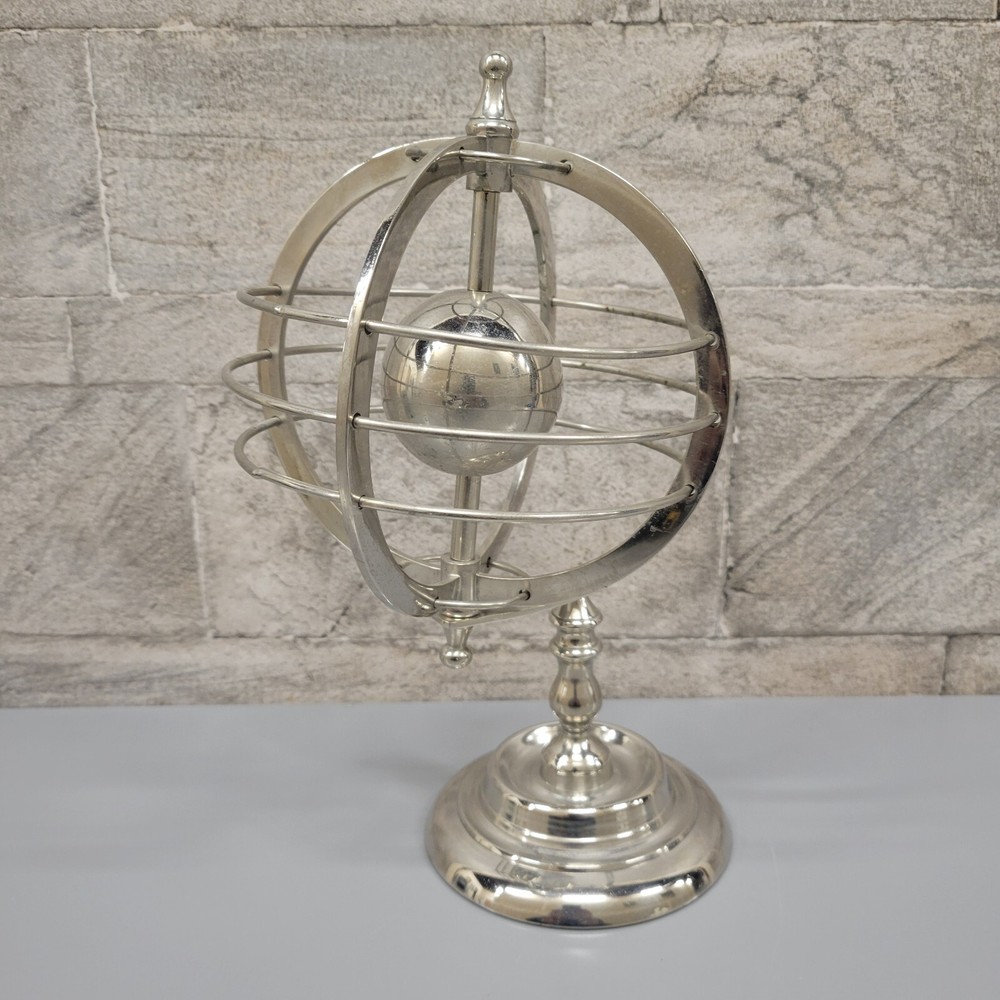 Silver Lacquered Metal Rotating World Globe 11" Desktop