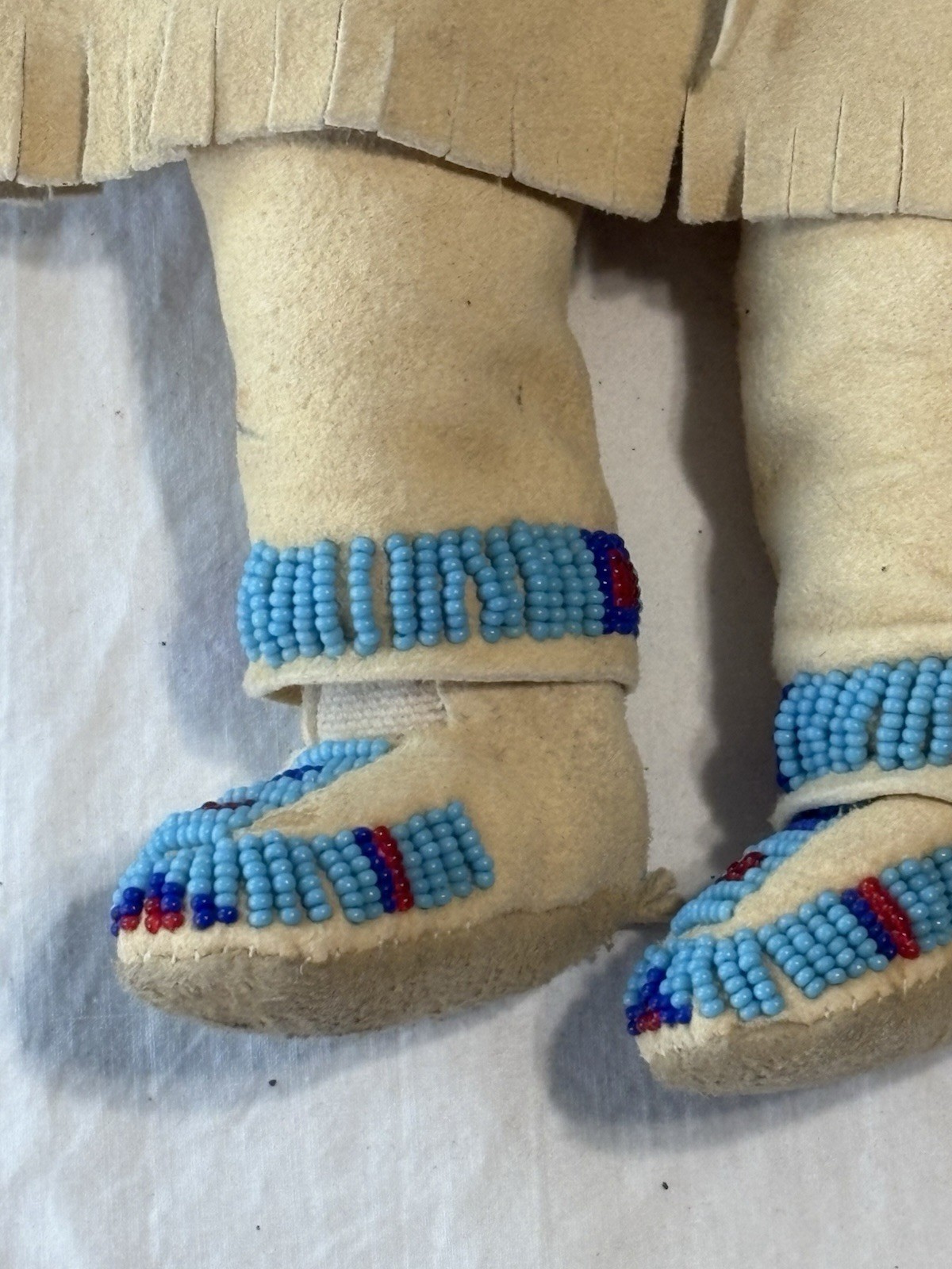 Vintage Native American Handmade Buckskin Beaded Doll 16"” Real Hair