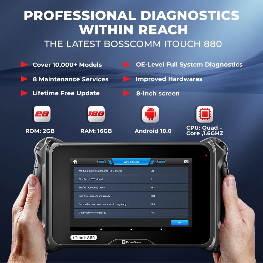 BOSSCOMM iTouch 880 OBD2 Scanner Full System Diagnostic Tool 8+HOT Reset Service