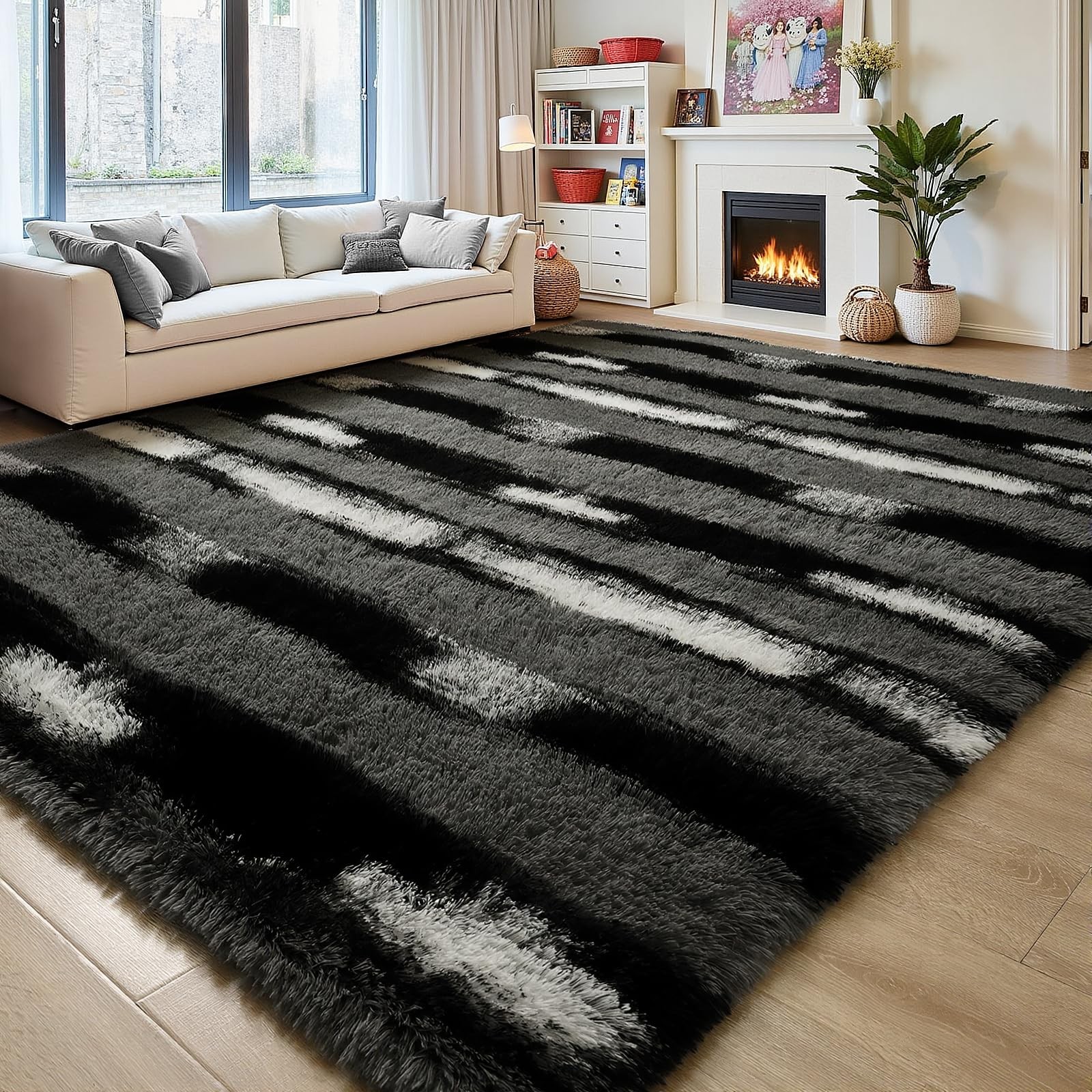 Fluffy Area Rugs for Bedroom Living Room, 4x6 Black and Grey Soft Plush Strip...