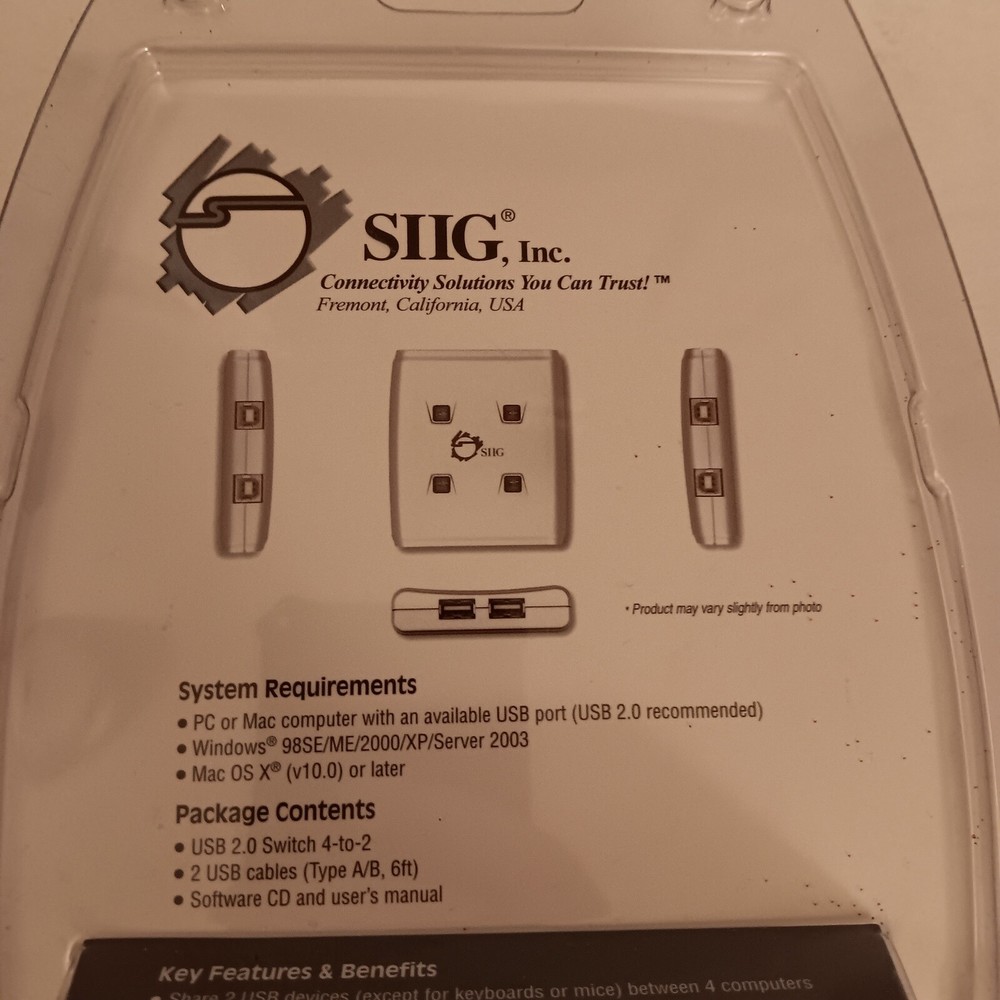 SIIG USB 2.0 Switch 4 To 2 Share 2 Hi-Speed USB Devices Between 4 Computers
