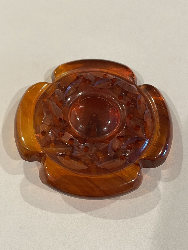 Vintage Tested Root Beer Bakelite Carved Flower Button 2”