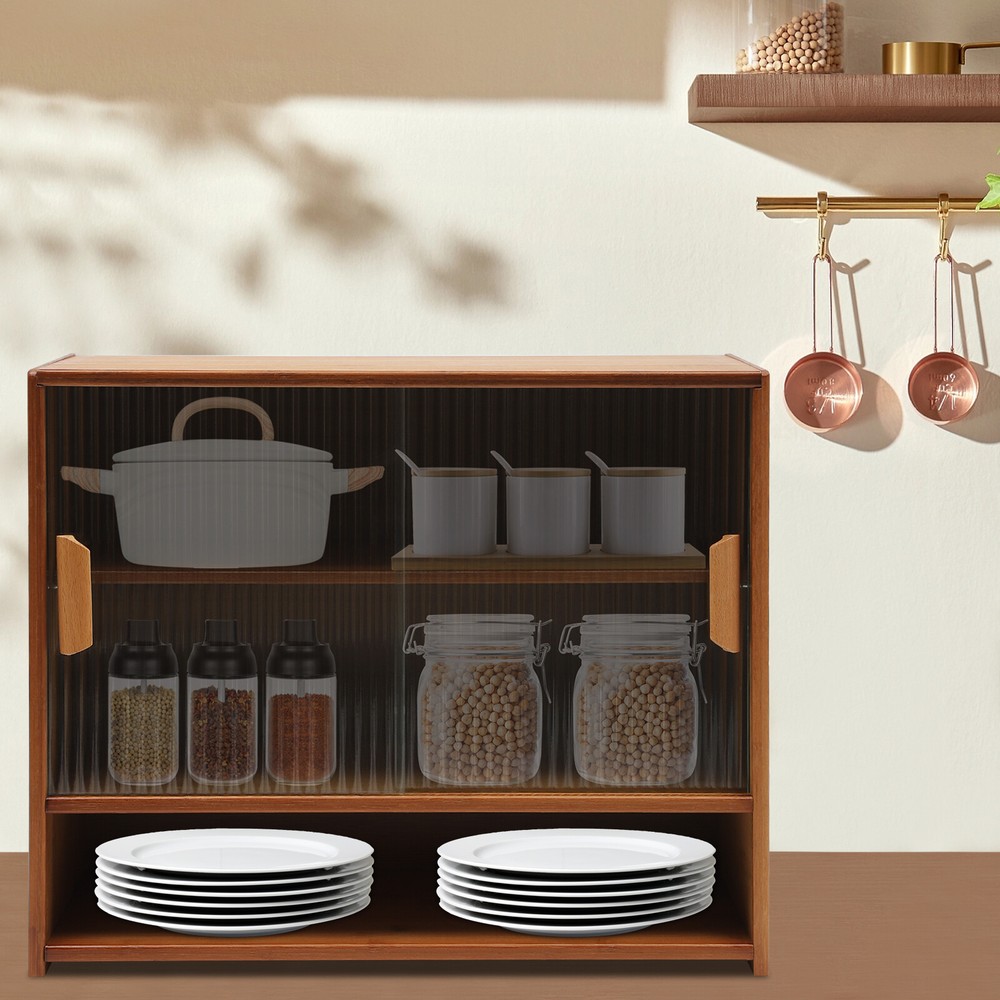 Bamboo Kitchen Pantry Sideboard Small Storage Cabinet Sliding Door Cupboard