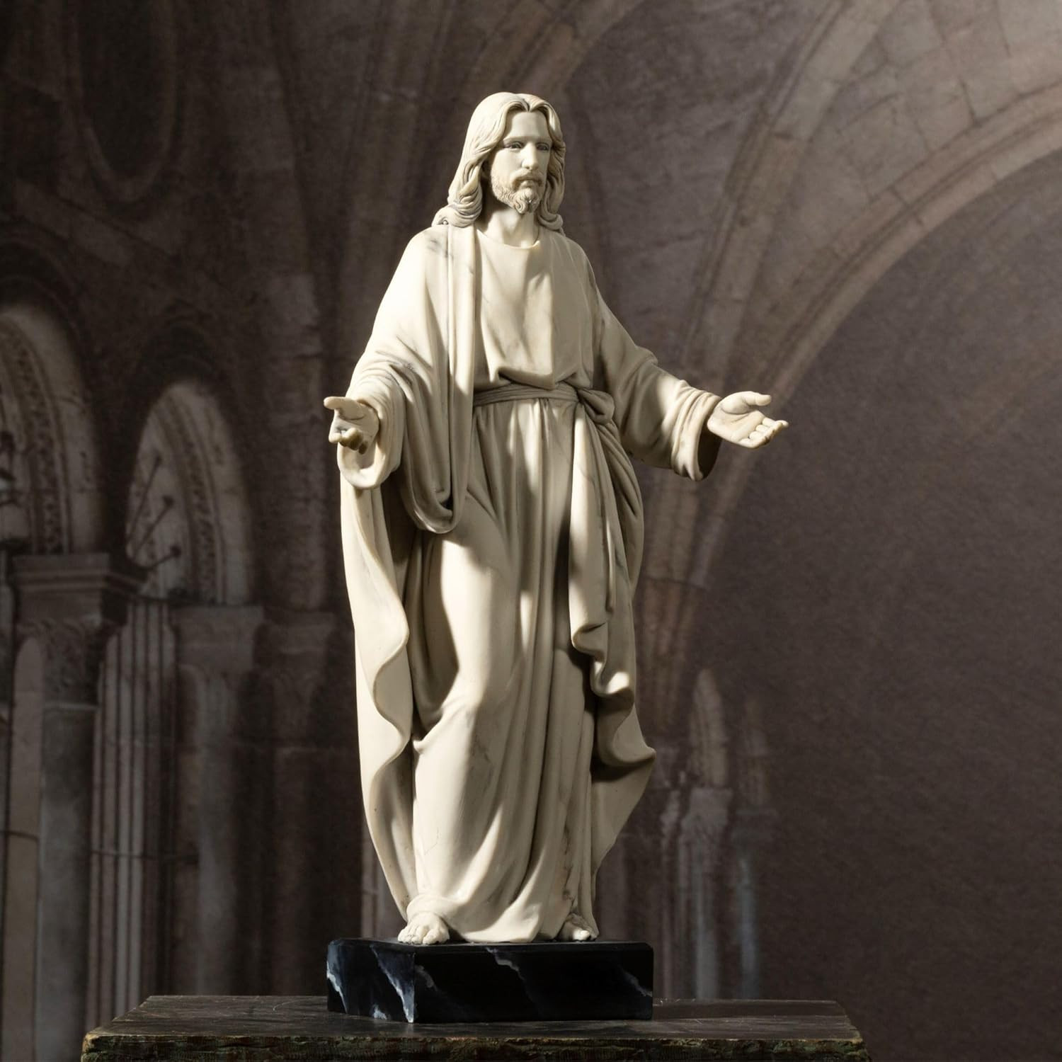12” Jesus Statue Marble Effect Open Arms Christian Home Décor Resin Figure