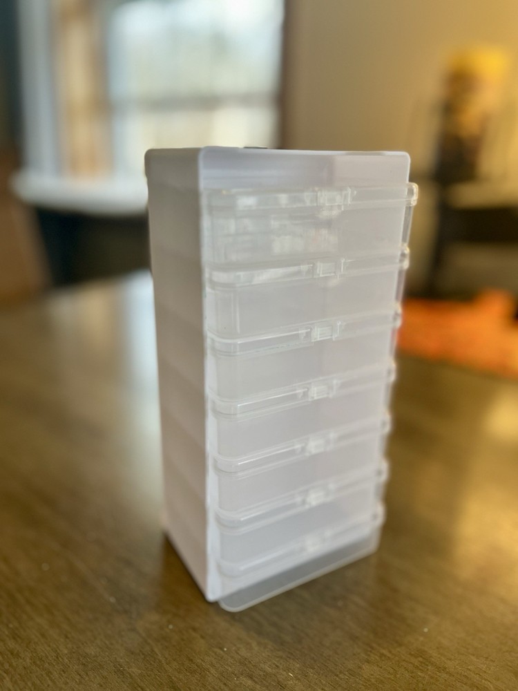 Stackable Storage Box, 6 Compartments, Small Rectangle, 8x4 in, Clear plastic