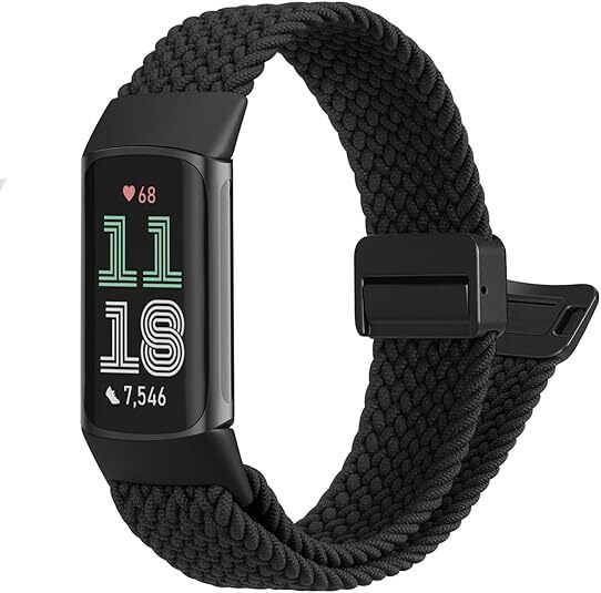 Magnetic Braided Stretchy Band for Fitbit Charge 6/5 Soft Woven Nylon Sport Band