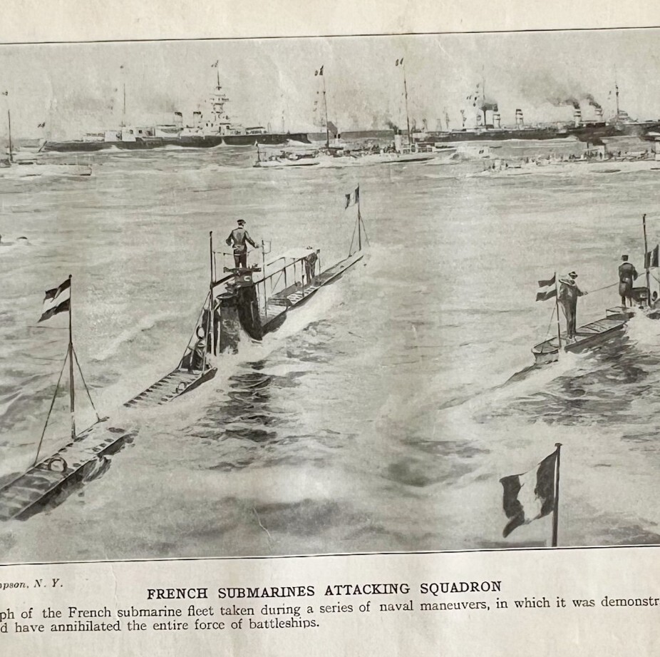 1914 French Navy Submarines Attack Battleships WW1 Print Antique Military War