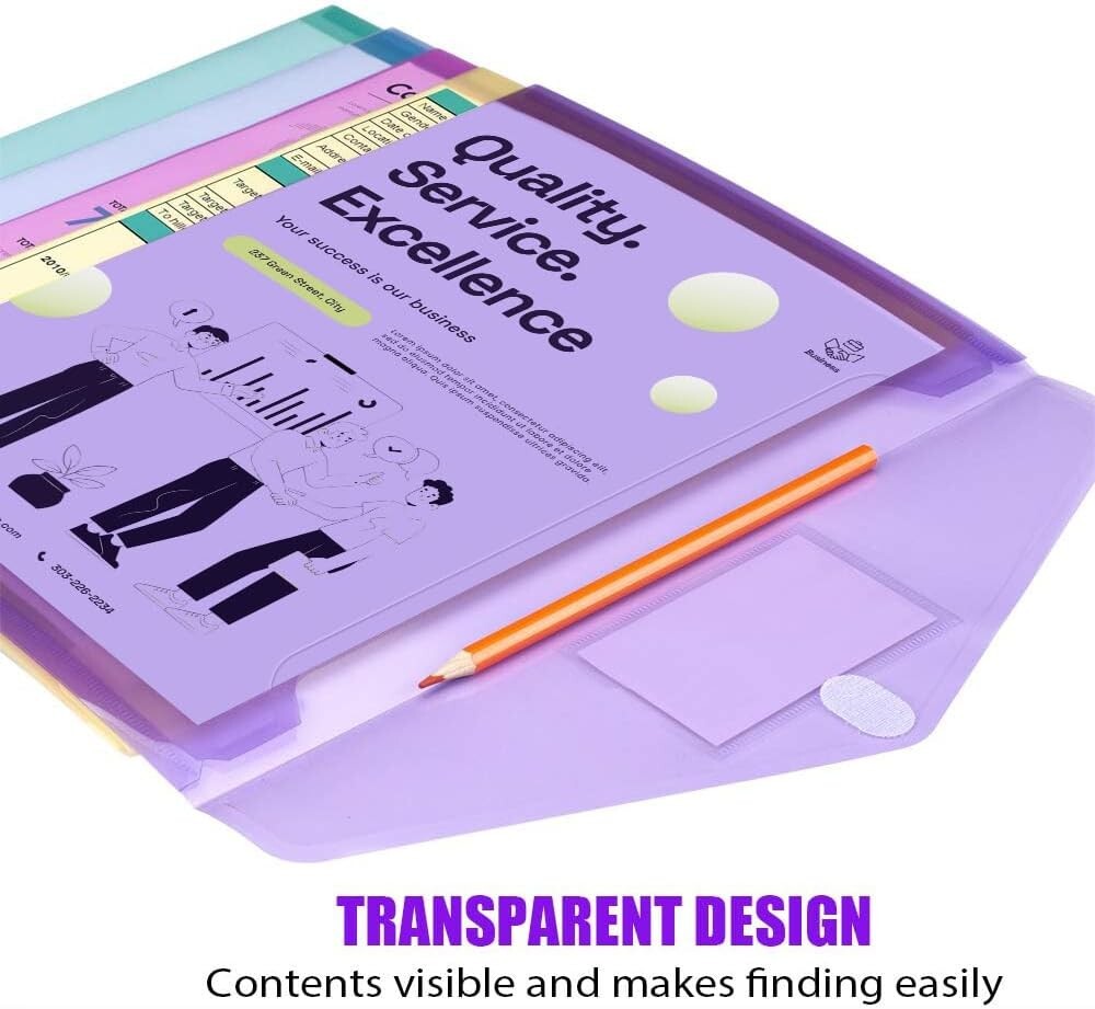 Durable 10-Pack Clear Plastic Envelopes - Safe Closure & Colorful Label Pockets