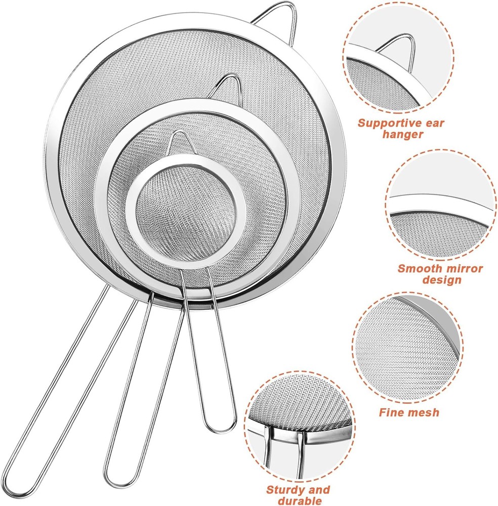 3Pcs Super Wire Extra Fine Mesh Strainer with Handle, Small Medium Silver