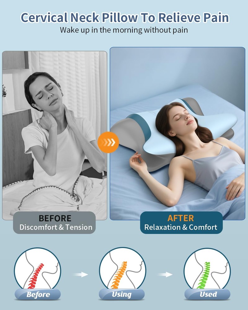 Cervical Neck Pillow for Pain Relief - Ergonomic Side Sleeper Blue