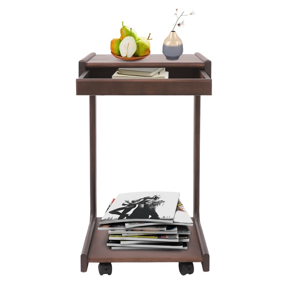 2-Tierd Solid Wood Bedside C-Shaped Side Table w/ Drawer & Lockable Wheels