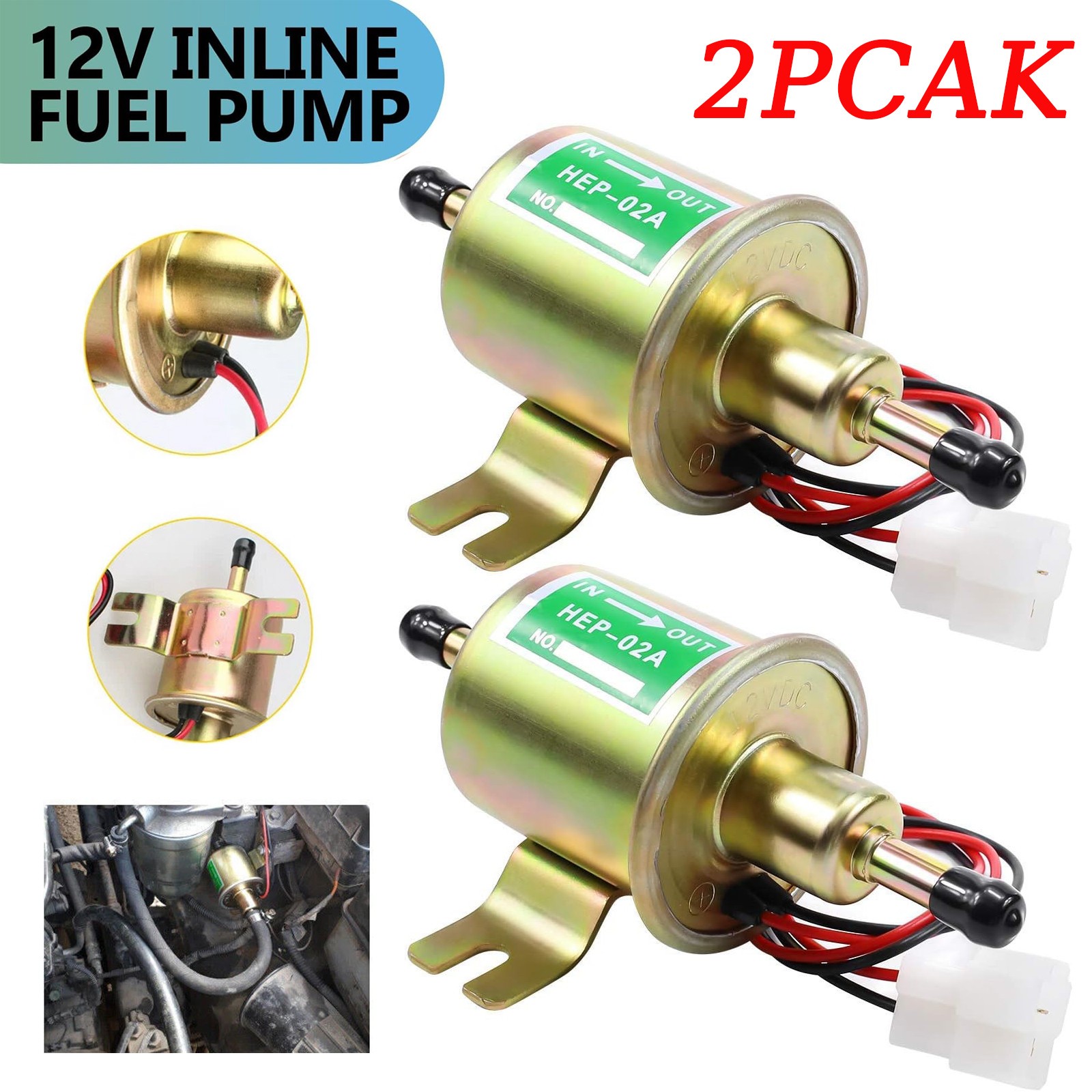 2 Pack 12V Electric Fuel Pump HEP-02A Universal Gas Diesel Inline Low Pressure