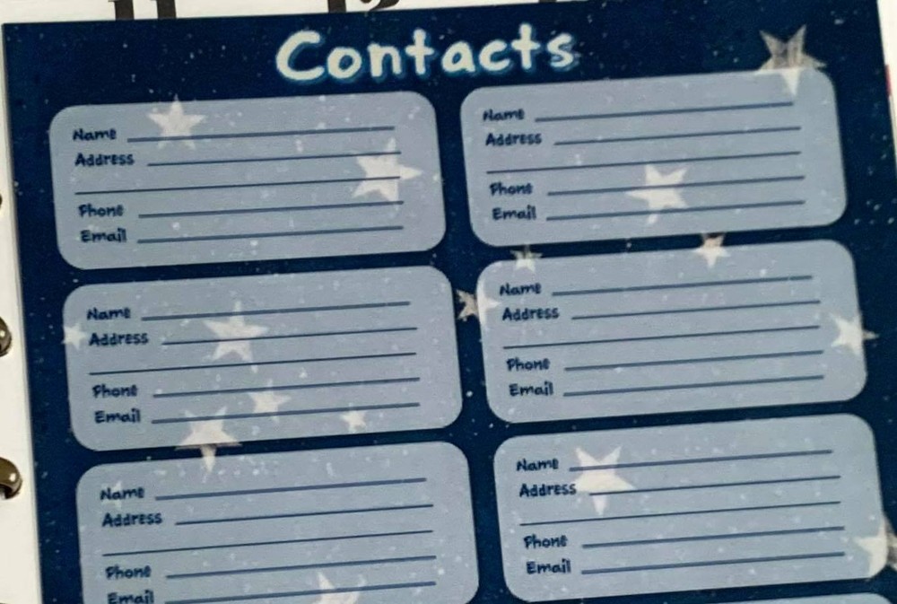Contacts Addresses Dashboard Insert for use with Happy Planner