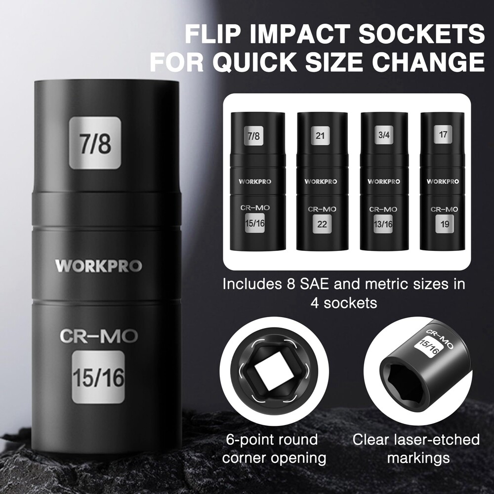 WORKPRO 5PC 1/2" Dr Impact Socket Set Lug Nut Wheel 3" Extension Bar Flip Socket