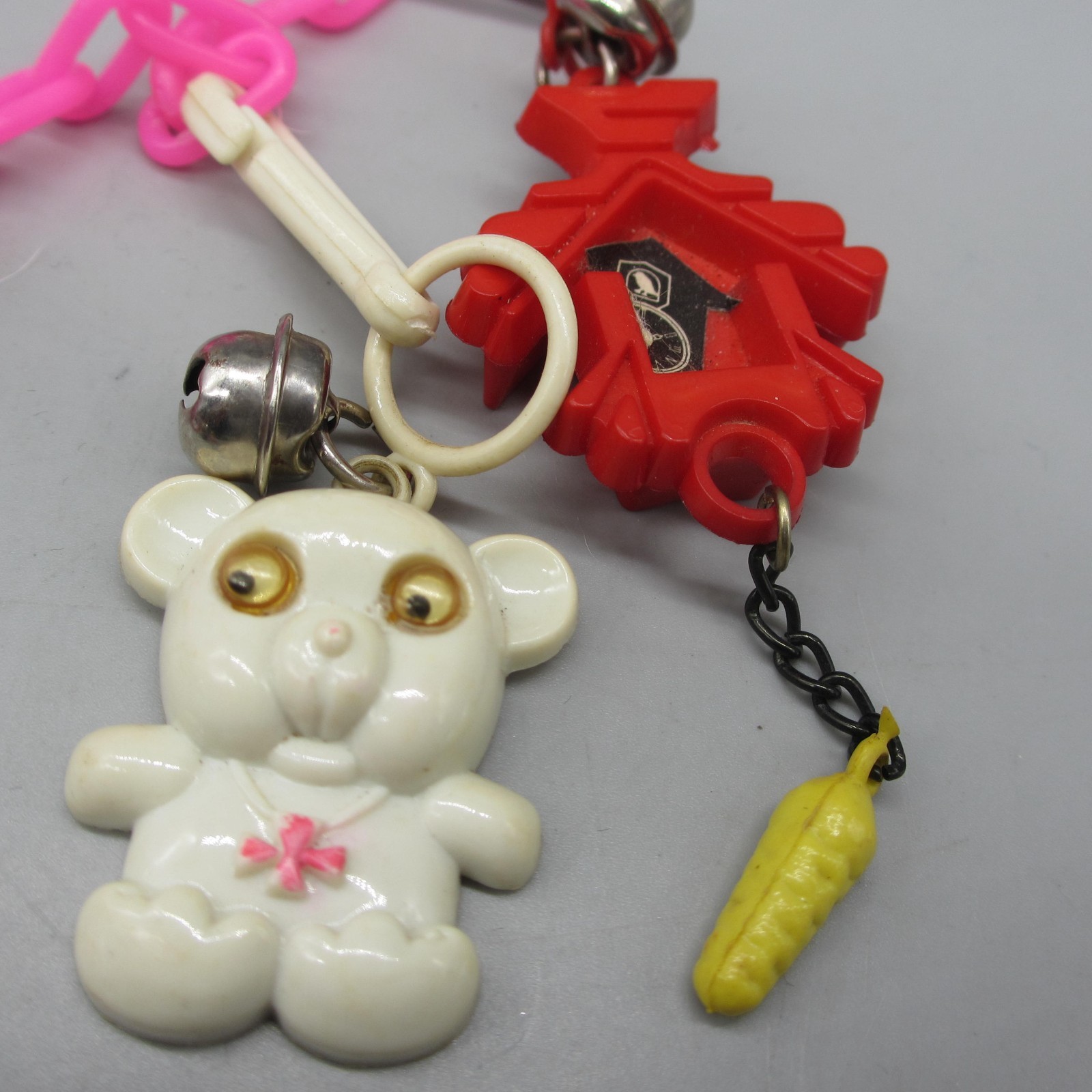 Vintage Bell Charm Necklace Owl Gum Ring Clock Thermos Pink Chain 24 Inch