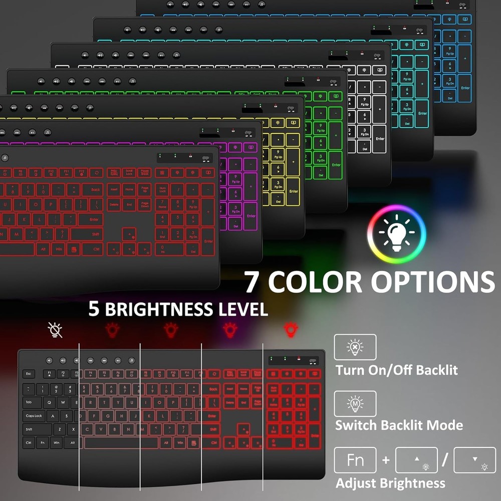 Wireless Keyboard and Mouse, 9 Backlit Effects with Wrist Rest, 6 Button Mouse