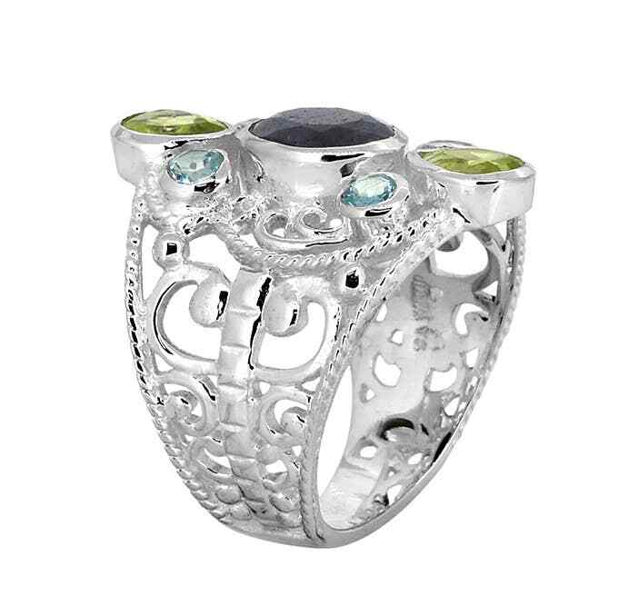 Corundum Sapphire Peridot 925 Sterling Silver Statement Ring