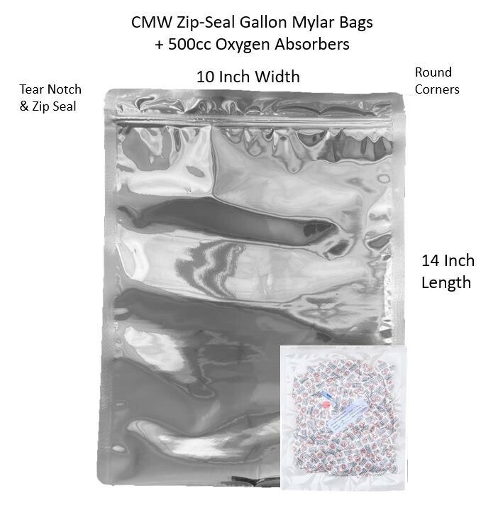 (50PC) 1 Gallon Mylar Bags Zip Seal Reusable Food Storage+500CC Oxygen Absorbers