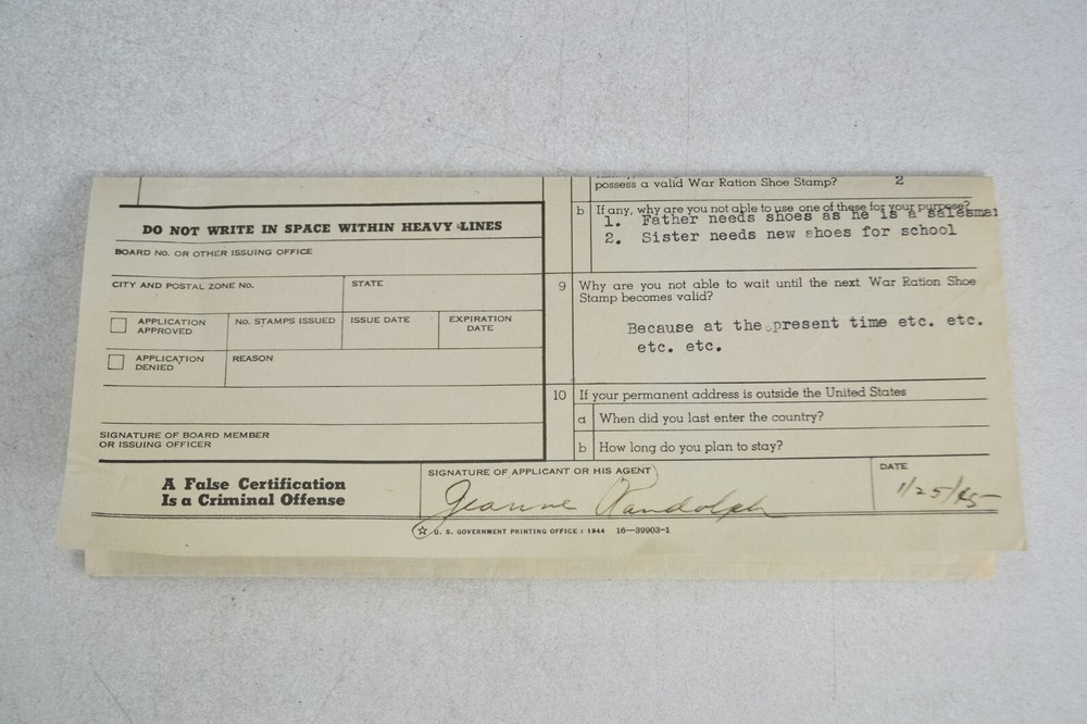 WWII Ephemera, 1944 Application for Special Shoe Stamp, Shoe Ration Application