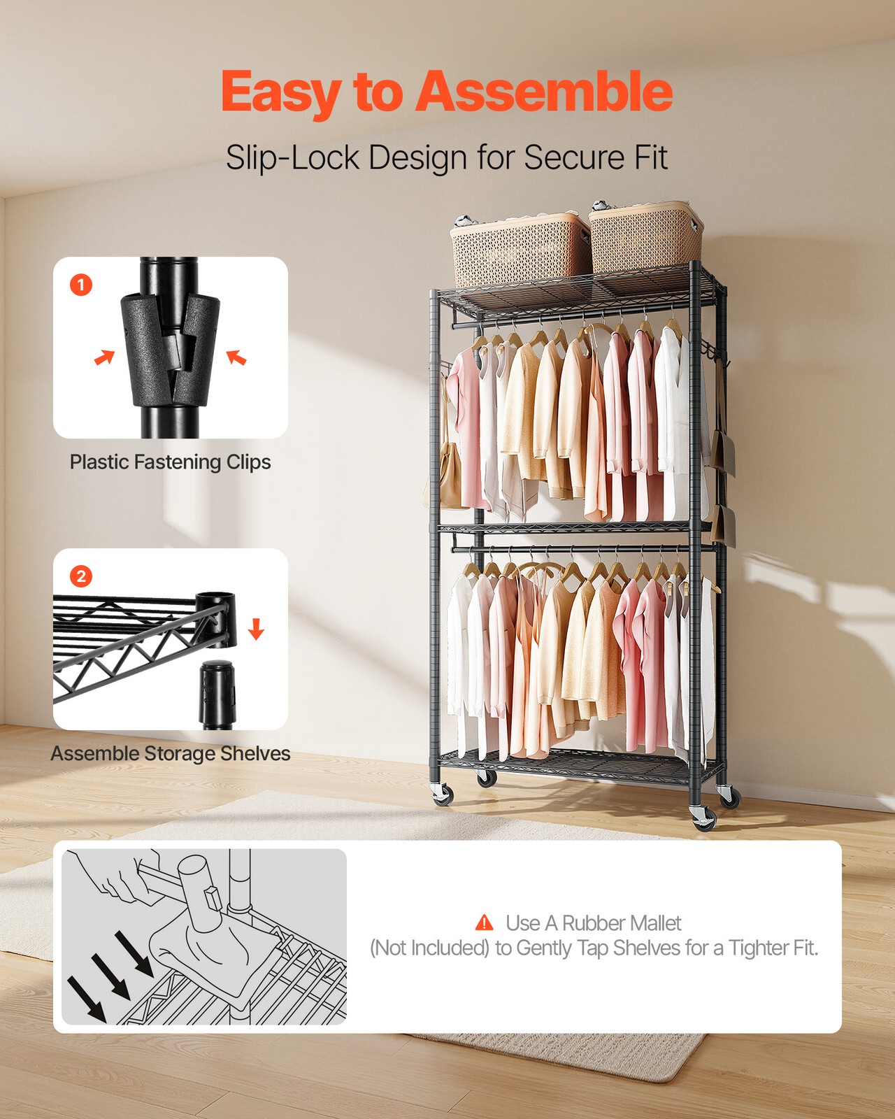 VEVOR Rolling Clothes Rack 3 Tiers Adjustable Height Clothing Garment Rack Black