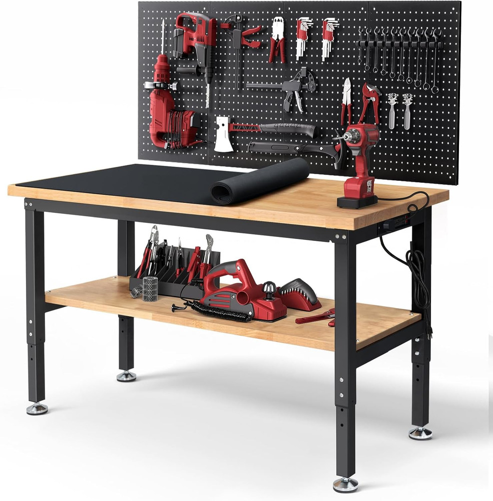 60" Adjustable Height Garage Workbench with Storage & Power Outlets