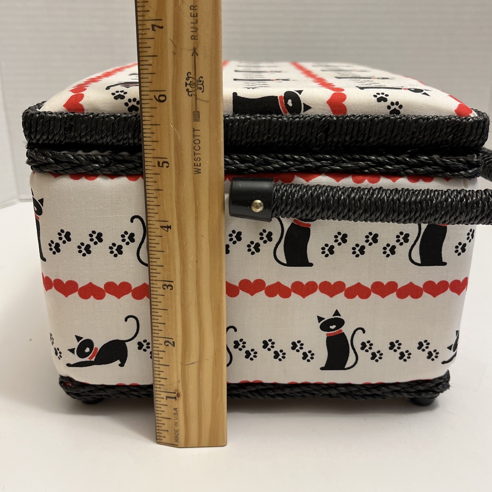 Sewing Basket Cat Print Padded Box Pin Cushion Accessories Storage Snap Closure