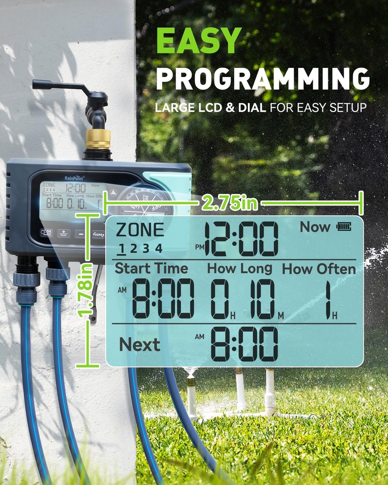 RAINPOINT Sprinkler Timer, 4 Outlets Hose Timer with Brass Inlet with Rain Delay