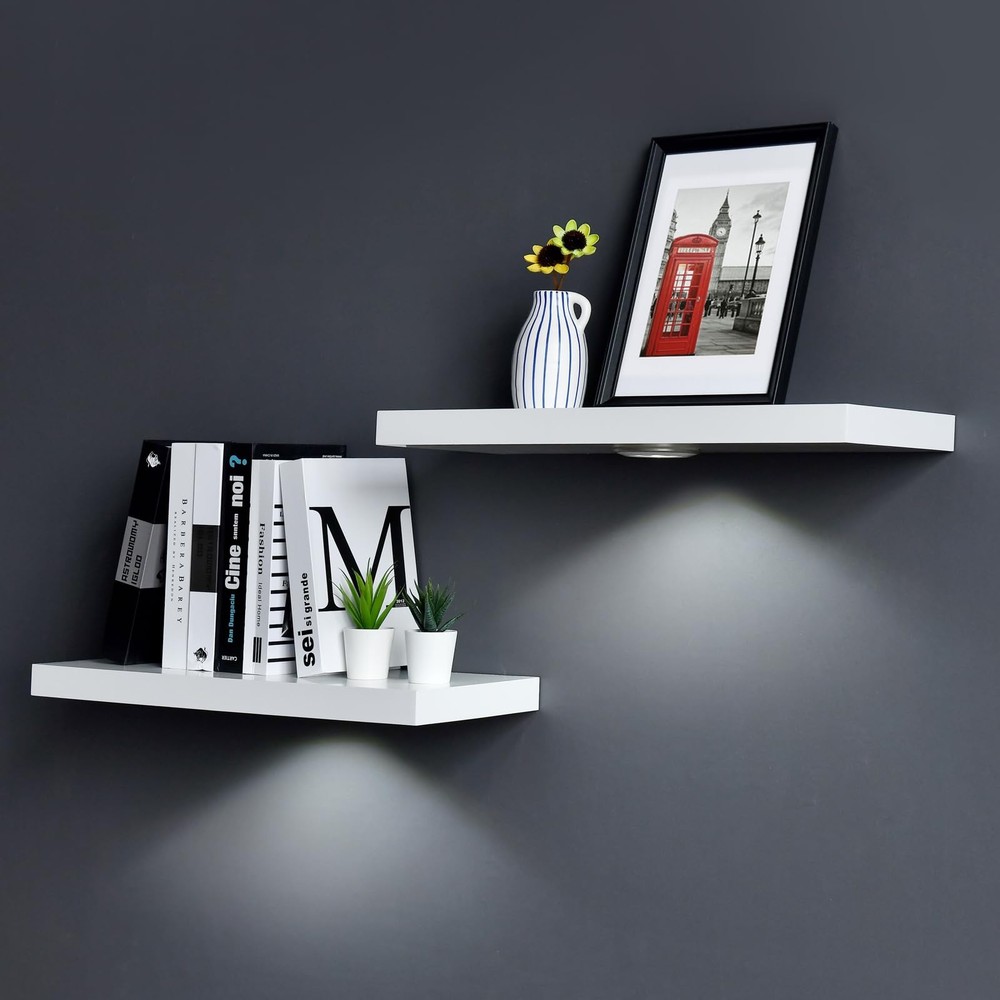 White Floating Shelf with Touch-Sensing Battery Powered LED Light,Wall Mounte...