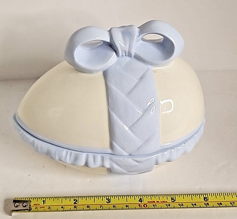 Vintage Easter Egg Candy Dish with Lid Blue Bow Ceramic Trinket Dish 1985