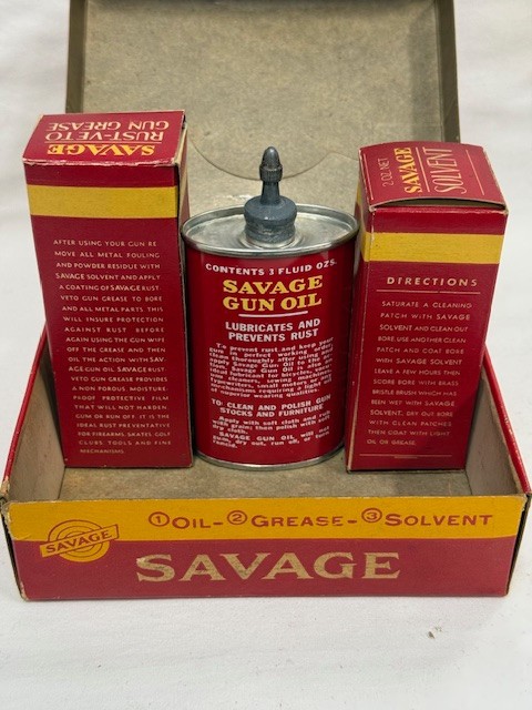 Savage Arms Gun Cleaning Kit Oil Tin RustVeto Gun Grease Solvent 3pk Vintage LOT